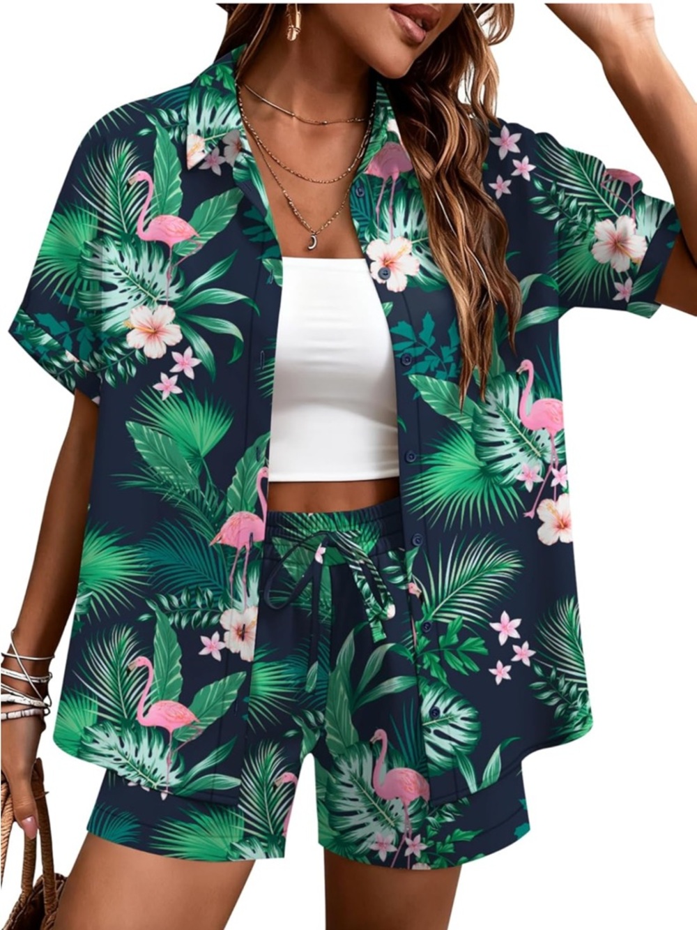 Tropical Flamingo Two-Piece Shirt & Shorts Set - Navy Green Pink